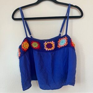 NOVIA Blue Crochet Trim Cami Tank Top Boho Festival Y2K Colorful Summer Vacation